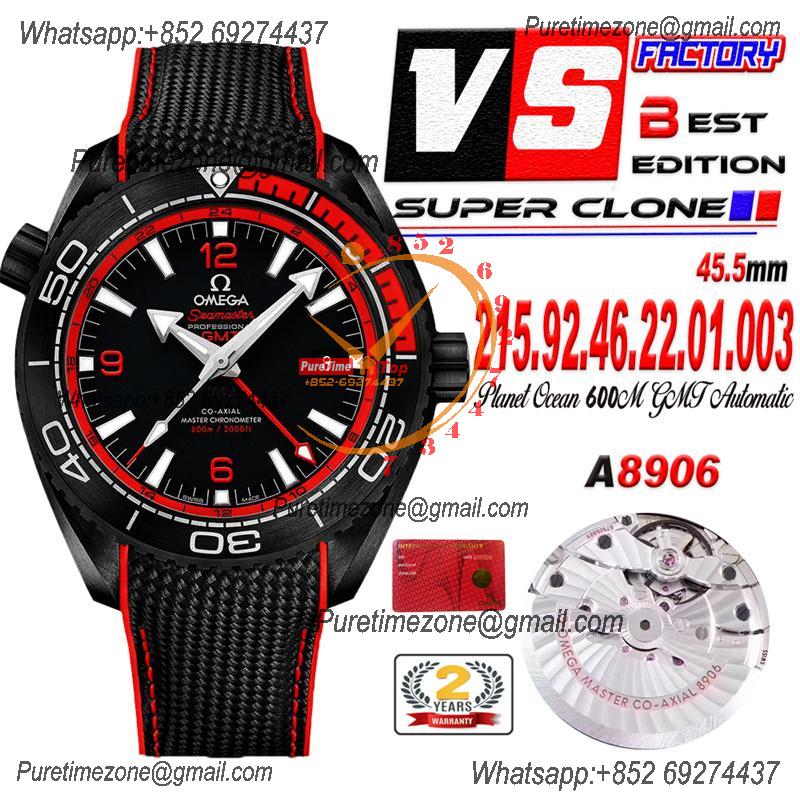 Planet Ocean GMT 45.5mm Deep Black Red Real Ceramic A8906 Automatic Mens Watch VSF 1:1 Best Edition Black Nylon CHS