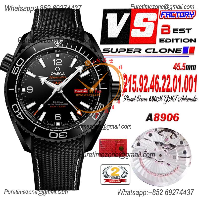 Planet Ocean GMT 45.5mm Deep Black Real Ceramic A8906 Automatic Mens Watch VSF 1:1 Best Edition Black Nylon CHS