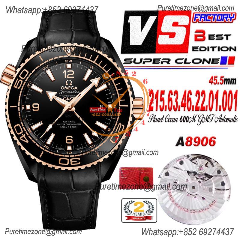 Planet Ocean GMT 45.5mm Deep Gold Black Real Ceramic A8906 Automatic Mens Watch VSF 1:1 Best Edition Black Leatehr CHS