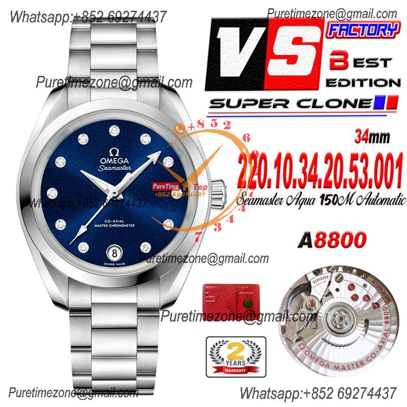 Aqua Terra 150M 34mm A8800 Autoamtic Womens Watches VSF Best Ediiton Blue Dial SS Bracelet Ladies