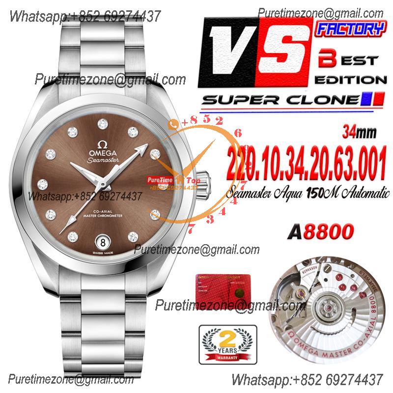 Aqua Terra 150M 34mm A8800 Autoamtic Womens Watches VSF Best Ediiton Brown Dial SS Bracelet Ladies