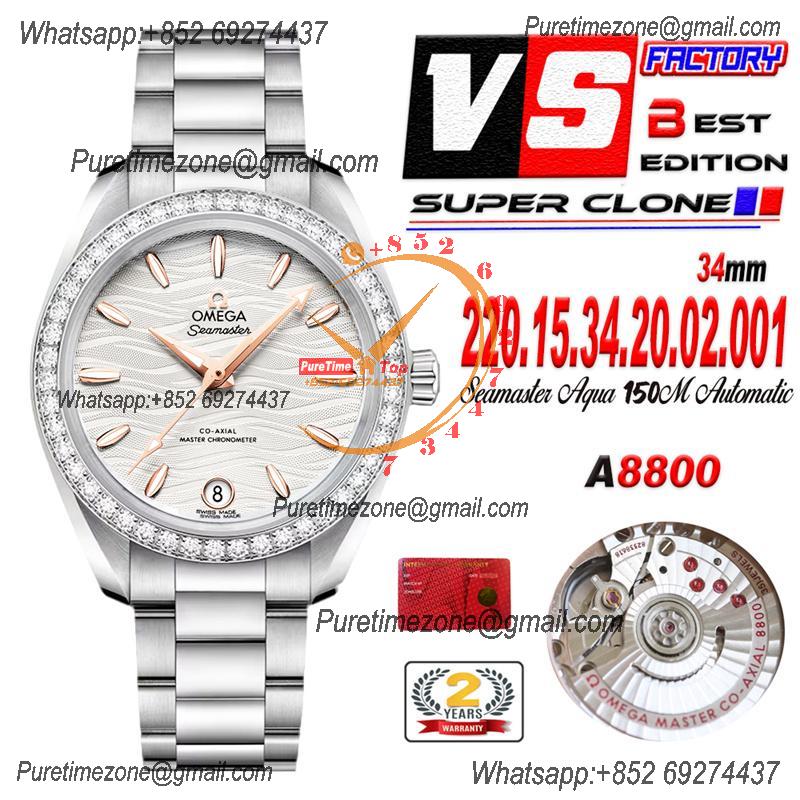 Aqua Terra 150M 34mm A8800 Autoamtic Womens Watches VSF Best Ediiton Diamonds Bezel Silver Dial SS Bracelet Ladies