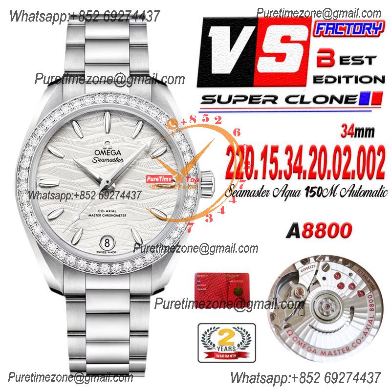 Aqua Terra 150M 34mm A8800 Autoamtic Womens Watches VSF Best Ediiton Diamonds Bezel Silver Dial SS Bracelet Ladies