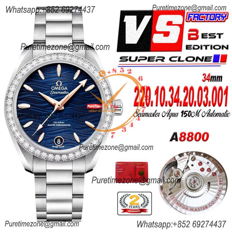 Aqua Terra 150M 34mm A8800 Autoamtic Womens Watches VSF Best Ediiton Diamonds Bezel Blue Dial SS Bracelet Ladies