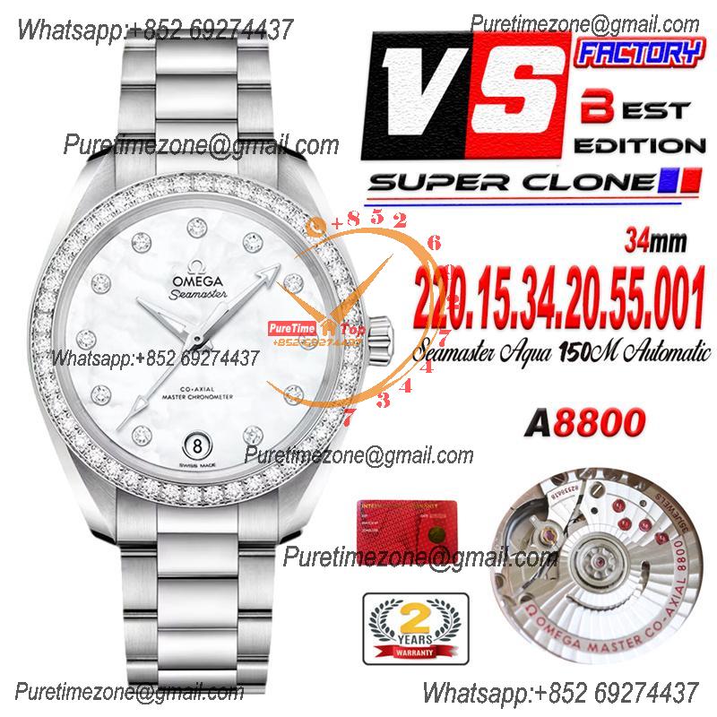 Aqua Terra 150M 34mm A8800 Autoamtic Womens Watches VSF Best Ediiton Diamonds Bezel MOP Dial SS Bracelet Ladies