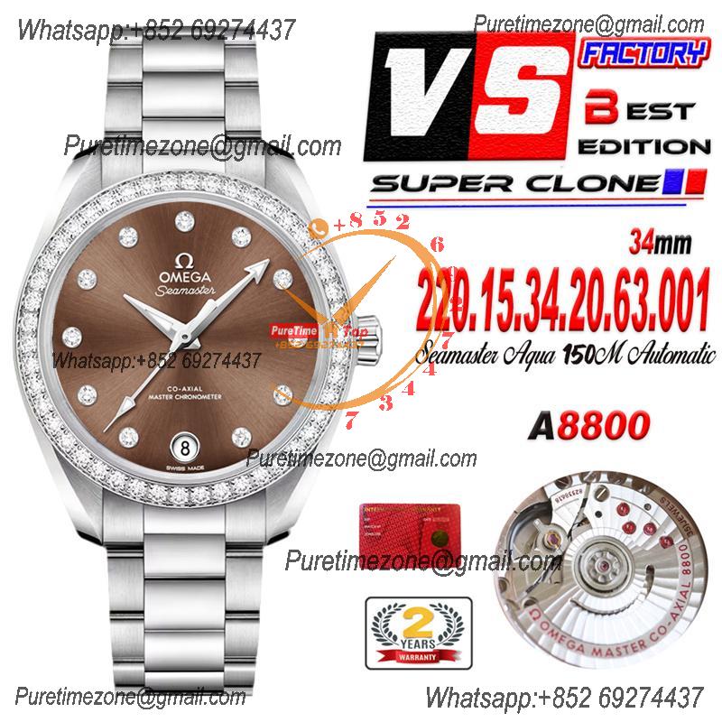 Aqua Terra 150M 34mm A8800 Autoamtic Womens Watches VSF Best Ediiton Diamonds Bezel Brown Dial SS Bracelet Ladies