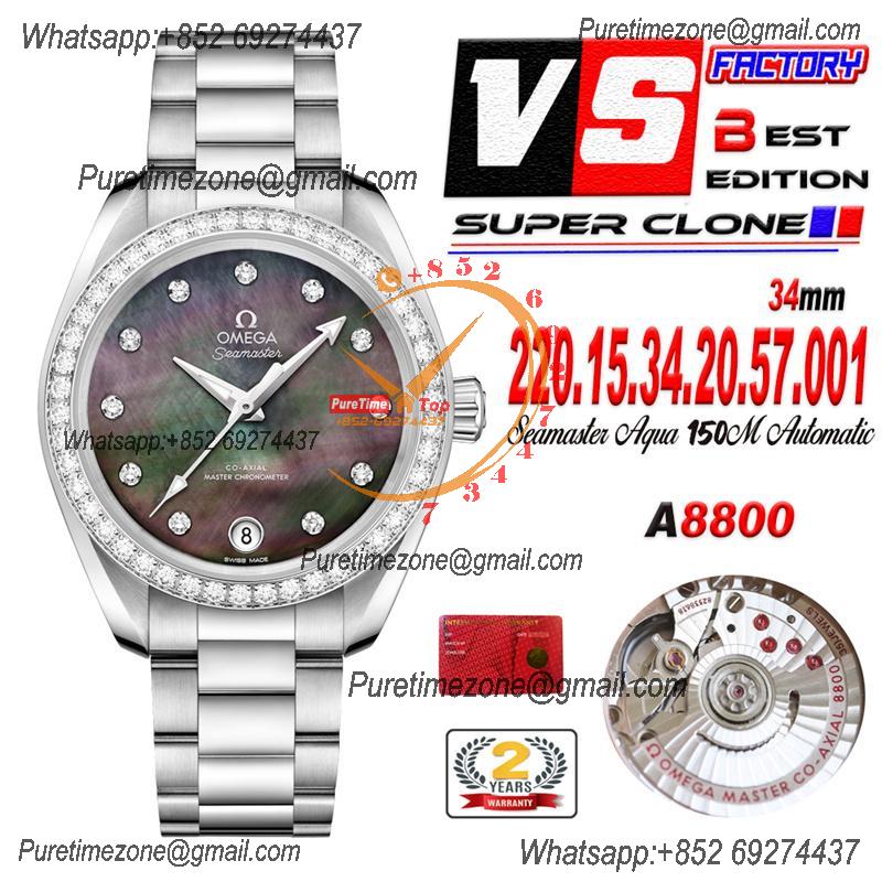 Aqua Terra 150M 34mm A8800 Autoamtic Womens Watches VSF Best Ediiton Diamonds Bezel MOP Dial SS Bracelet Ladies