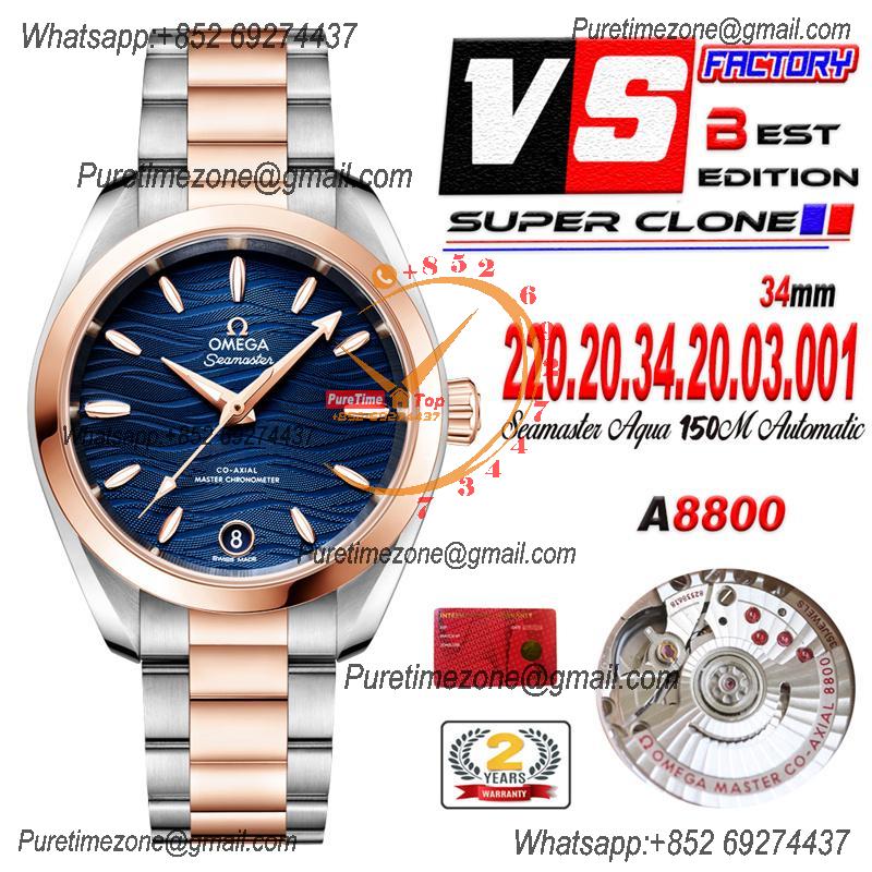 Aqua Terra 150M 34mm A8800 Autoamtic Womens Watches VSF Best Ediiton RG Blue Dial SS Bracelet Ladies