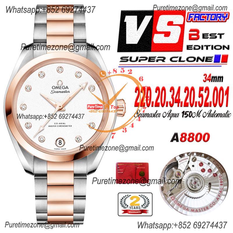 Aqua Terra 150M 34mm A8800 Autoamtic Womens Watches VSF Best Ediiton RG Silver Dial SS Bracelet Ladies