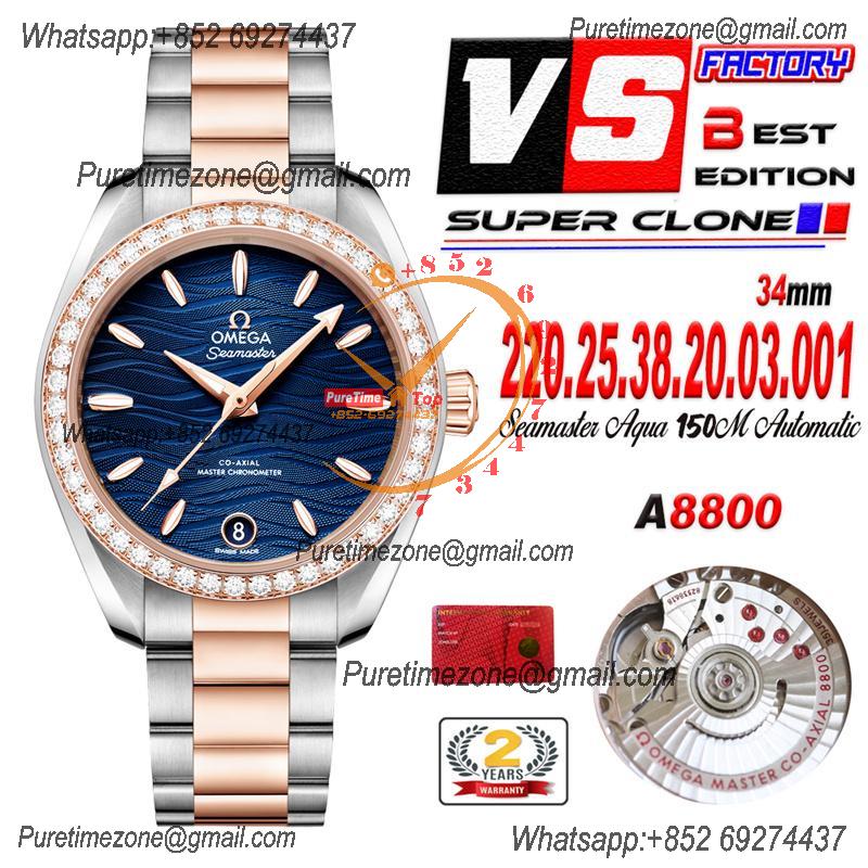 Aqua Terra 150M 34mm A8800 Autoamtic Womens Watches VSF Best Ediiton RG Diamonds Bezel Blue Dial SS Bracelet Ladies