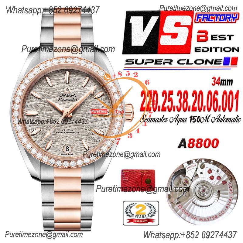 Aqua Terra 150M 34mm A8800 Autoamtic Womens Watches VSF Best Ediiton RG Diamonds Bezel Gray Dial SS Bracelet Ladies