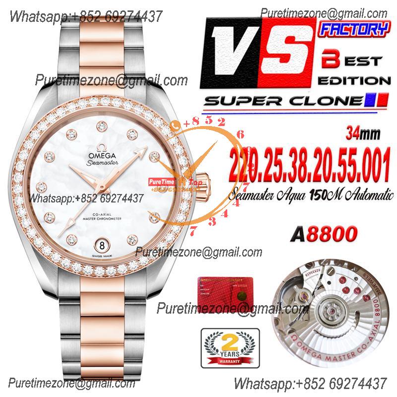 Aqua Terra 150M 34mm A8800 Autoamtic Womens Watches VSF Best Ediiton RG Diamonds Bezel MOP Dial SS Bracelet Ladies