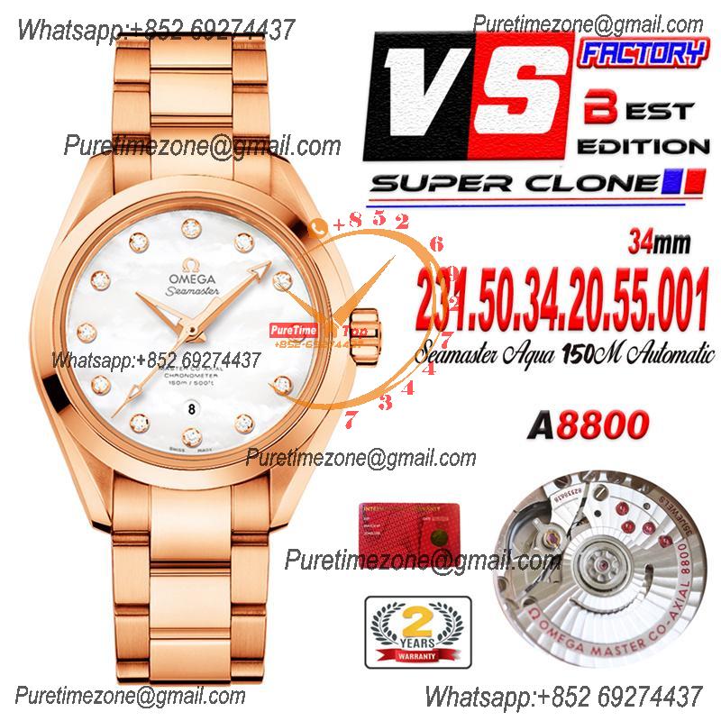 Aqua Terra 150M 34mm A8800 Autoamtic Womens Watches VSF Best Ediiton RG MOP Dial SS Bracelet Ladies