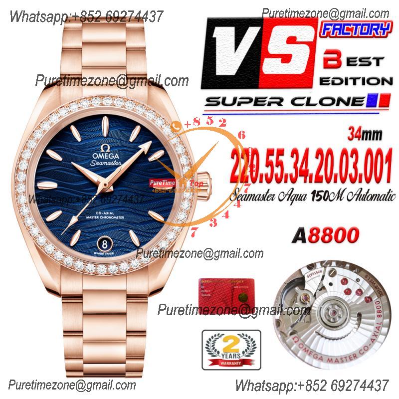 Aqua Terra 150M 34mm A8800 Autoamtic Womens Watches VSF Best Ediiton RG Diamonds Bezel Blue Dial SS Bracelet Ladies