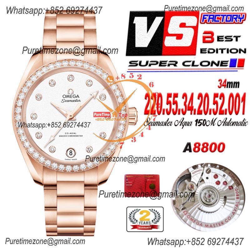 Aqua Terra 150M 34mm A8800 Autoamtic Womens Watches VSF Best Ediiton RG Diamonds Bezel Silver Dial SS Bracelet Ladies