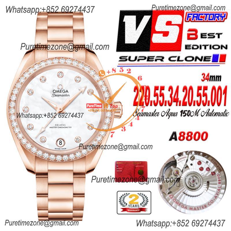 Aqua Terra 150M 34mm A8800 Autoamtic Womens Watches VSF Best Ediiton RG Diamonds Bezel MOP Dial SS Bracelet Ladies