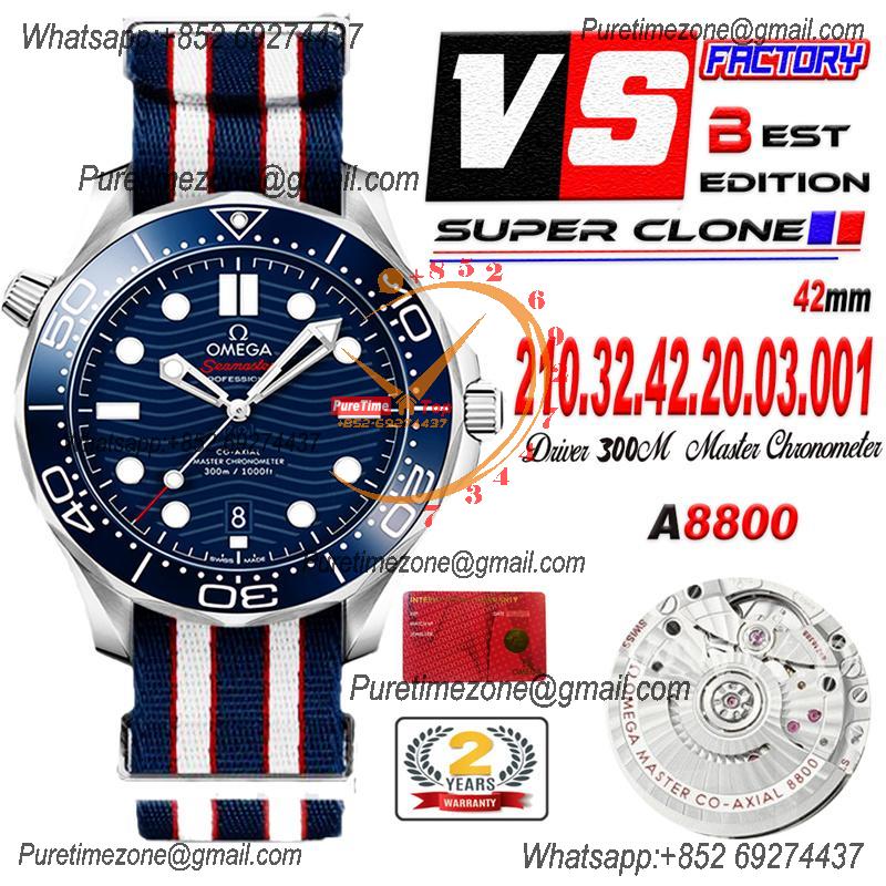 Seamaster Diver 300M A8800 Autoamtic Mens Watches VSF Best Ediiton Blue Dial Nylon Strap CHS 210.32.42.20.03.001