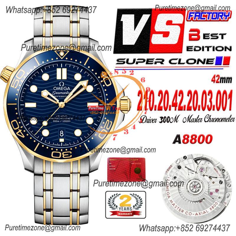 Seamaster Diver 300M A8800 Autoamtic Mens Watches VSF Best Ediiton YG Blue Dial Rubber CHS 210.20.42.20.03.001