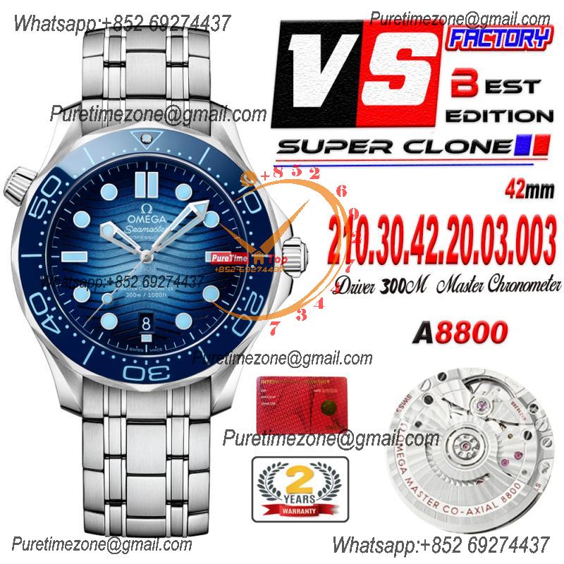 Seamaster Diver 300M A8800 Autoamtic Mens Watches VSF Best Ediiton Blue Dial SS Bracelet CHS 210.30.42.20.03.003