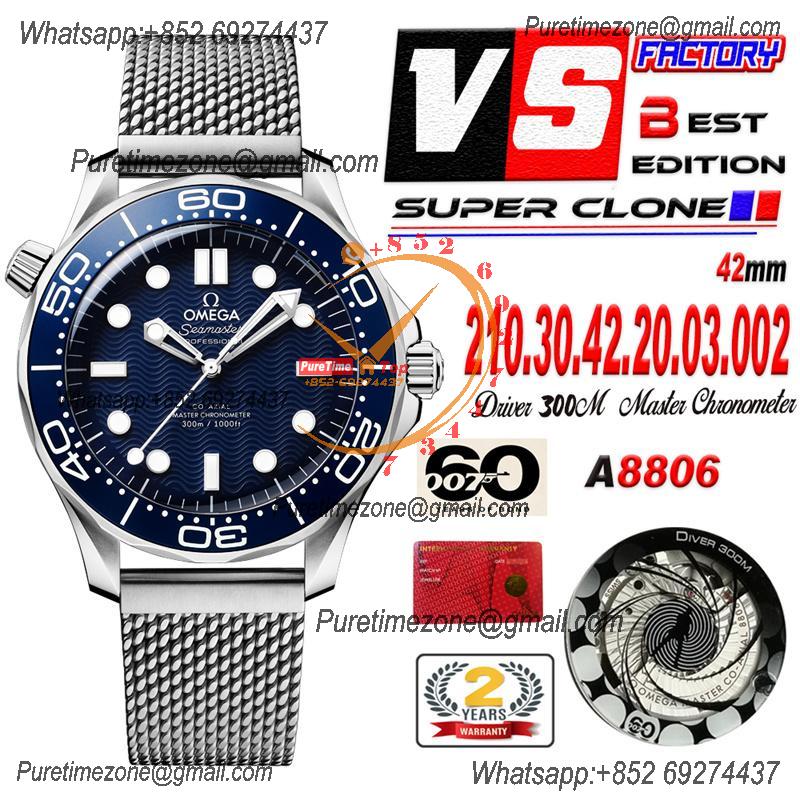 Seamaster 300M 42mm James Bond 60th anniversary A8806 Autoamtic Mens Watches VSF Best Ediiton Blue Dial Mesh Bracelet