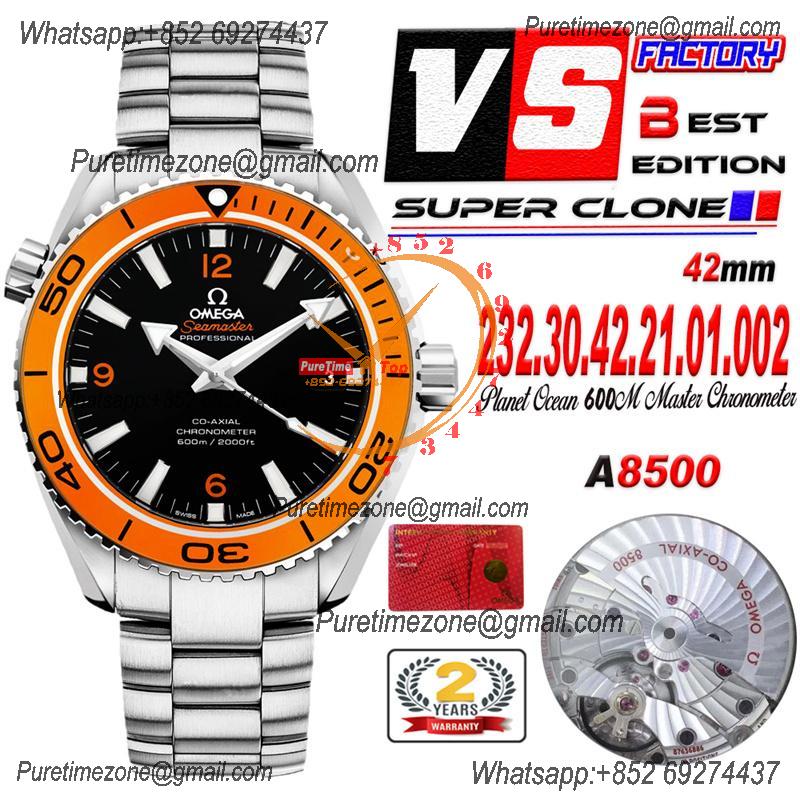 Seamaster Planet Ocean A8500 Automatic Mens Watch VSF Best Ediiton Orange Bezel Black Dial  SS Bracelet CHS