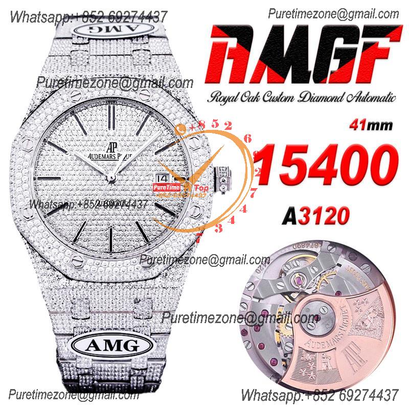 Royal Oak 41mm 15400 Iced Out A3120 Automatic Mens Watch AMG Best Edition Paved Diamonds Dial Stick SS Bracelet CHS