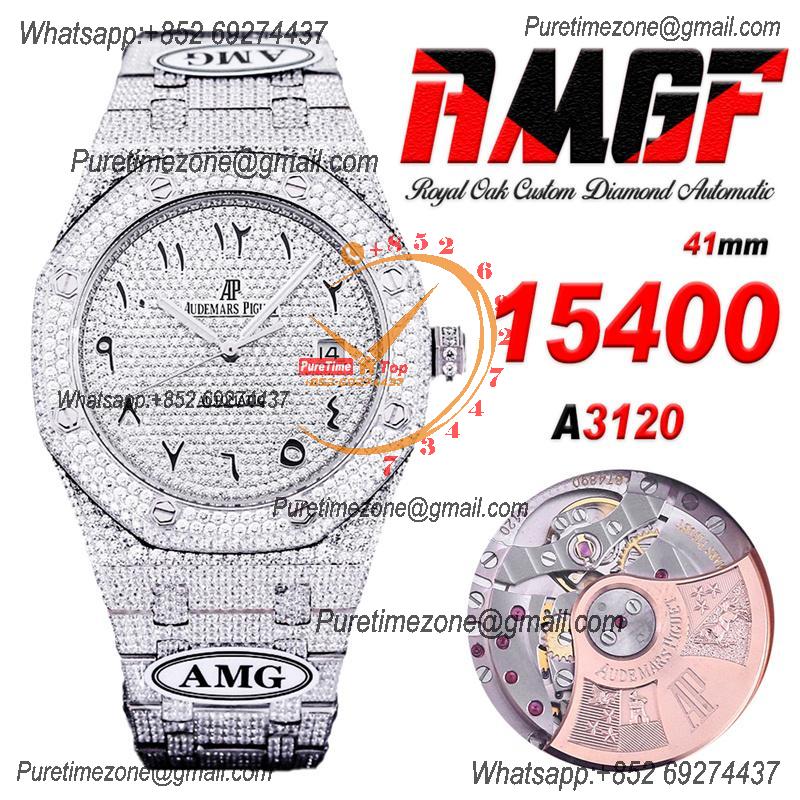 Royal Oak 41mm 15400 Iced Out A3120 Automatic Mens Watch AMG Best Edition Paved Diamonds Dial Arabic SS Bracelet CHS