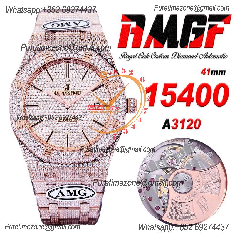 Royal Oak 41mm 15400 Iced Out A3120 Automatic Mens Watch AMG Best Edition RG Paved Diamond Dial Stick SS Bracelet CHS