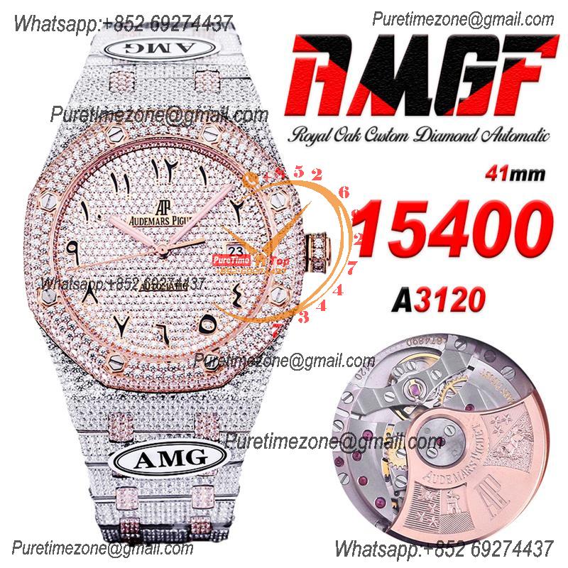 Royal Oak 41mm 15400 Iced Out A3120 Automatic Mens Watch AMG Best Edition RG Paved Diamond Dial Arabic SS Bracelet CHS