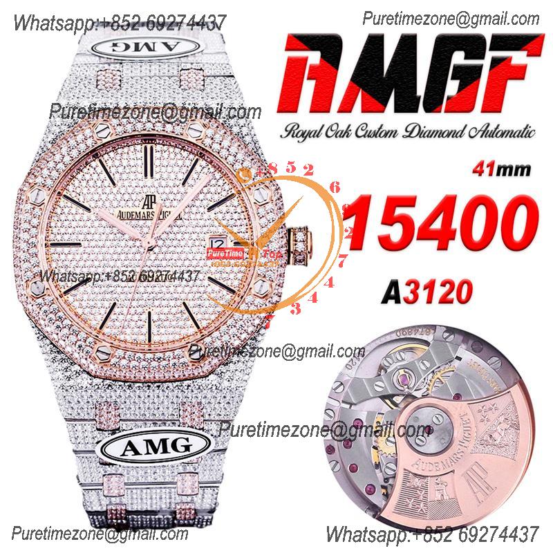 Royal Oak 41mm 15400 Iced Out A3120 Automatic Mens Watch AMG Best Edition RG Paved Diamond Dial Stick SS Bracelet CHS