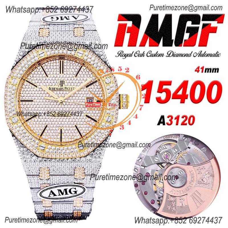 Royal Oak 41mm 15400 Iced Out A3120 Automatic Mens Watch AMG Best Edition YG Paved Diamond Dial Stick SS Bracelet CHS