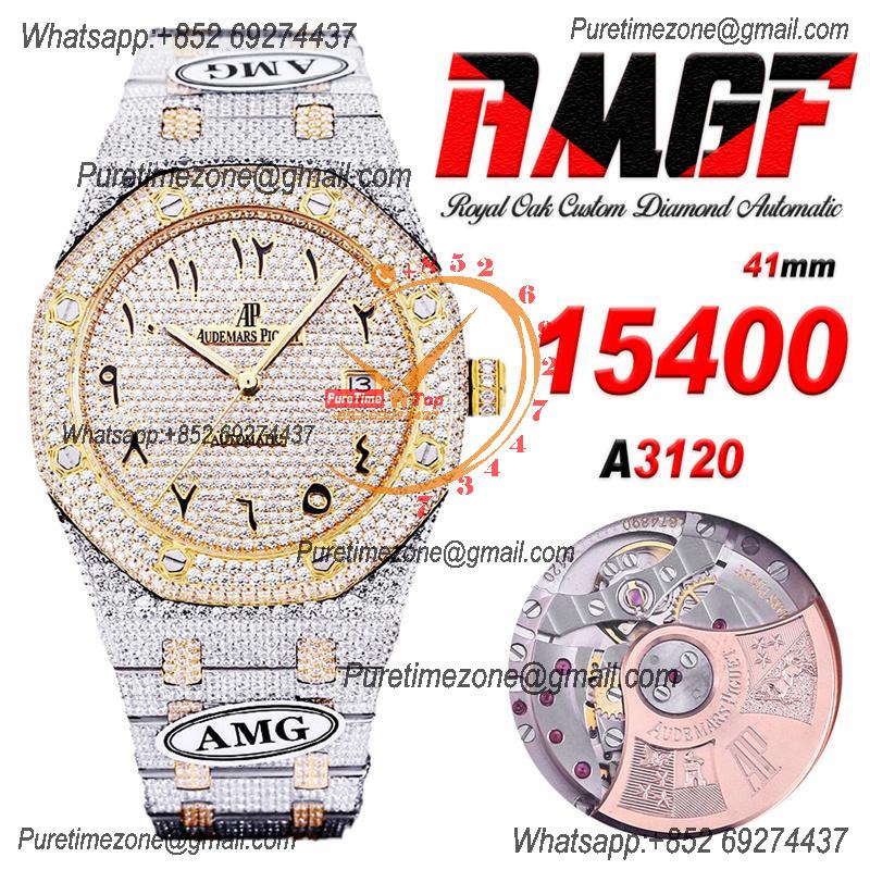 Royal Oak 41mm 15400 Iced Out A3120 Automatic Mens Watch AMG Best Edition YG Paved Diamond Dial Arabic  SS Bracelet CHS