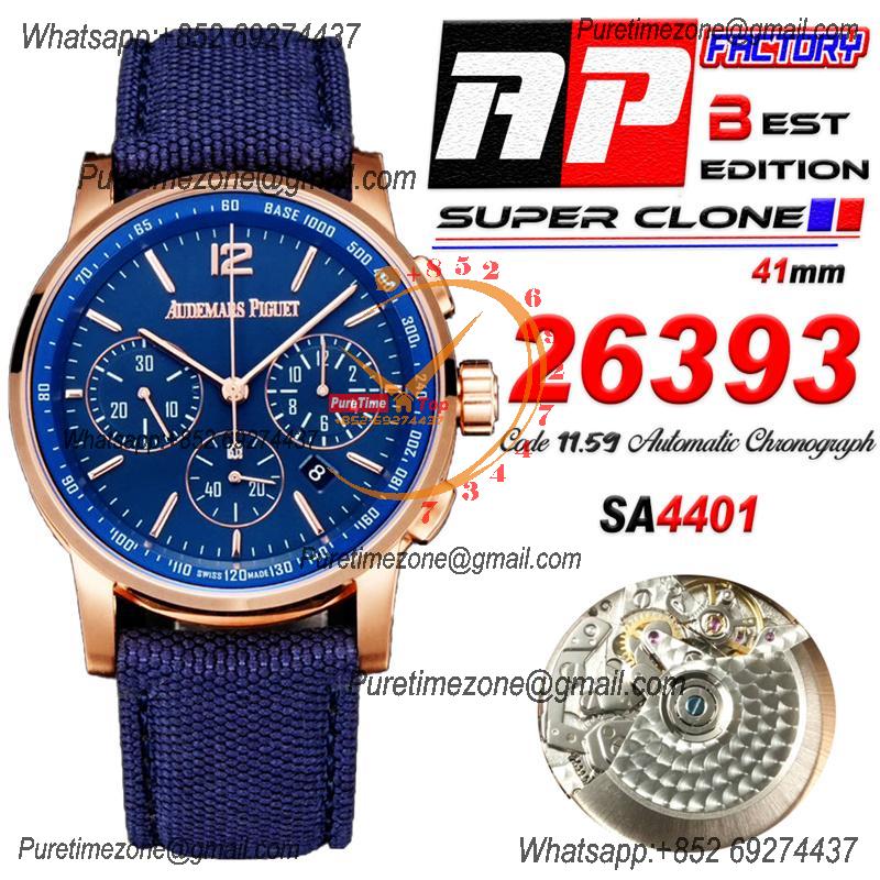 Code 11.59 26393 A4401 Automatic Chronograph Mens Watch APF Best Edition 41 RG Blue Dial Nylon Leather CHS