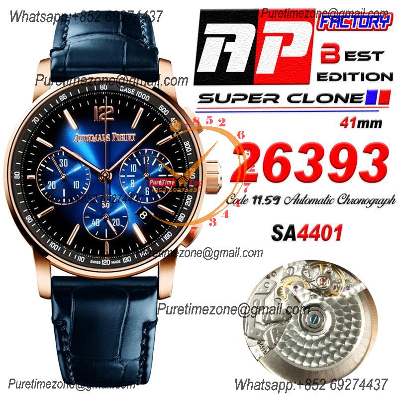 Code 11.59 26393 A4401 Automatic Chronograph Mens Watch APF Best Edition 41 RG Black Blue Dial Nylon Leather CHS