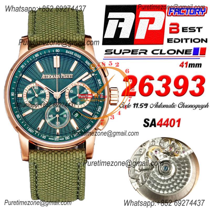 Code 11.59 26393 A4401 Automatic Chronograph Mens Watch APF Best Edition 41 RG Green Dial Nylon Leather CHS