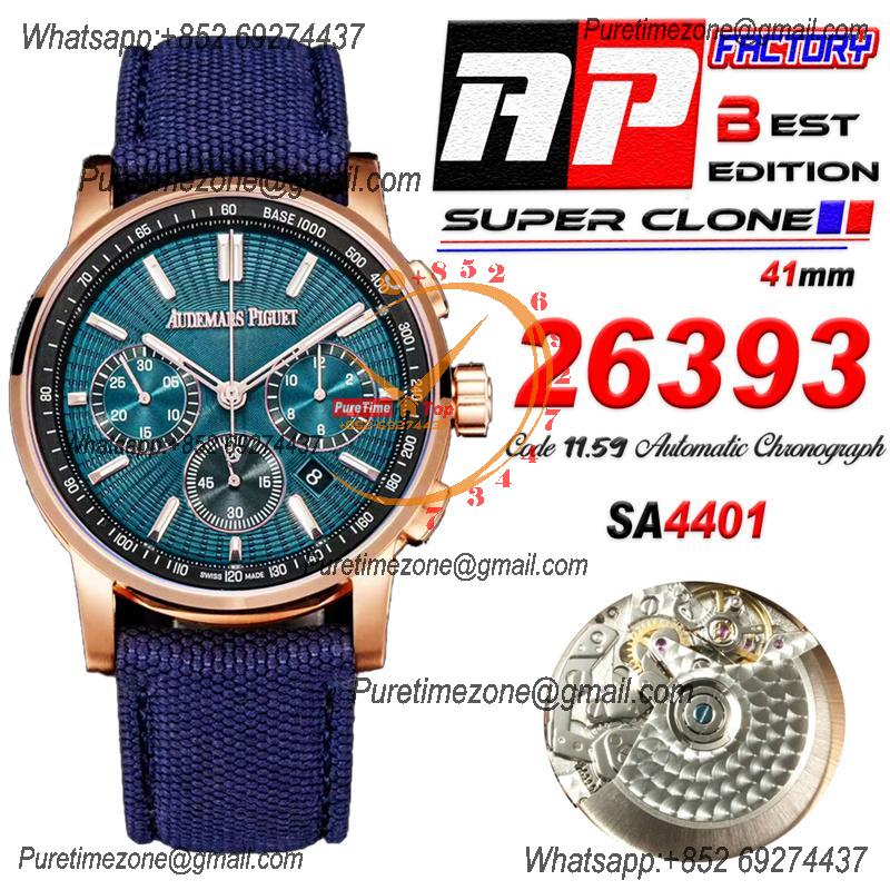 Code 11.59 26393 A4401 Automatic Chronograph Mens Watch APF Best Edition 41 RG Green Dial Blue Nylon Strap CHS