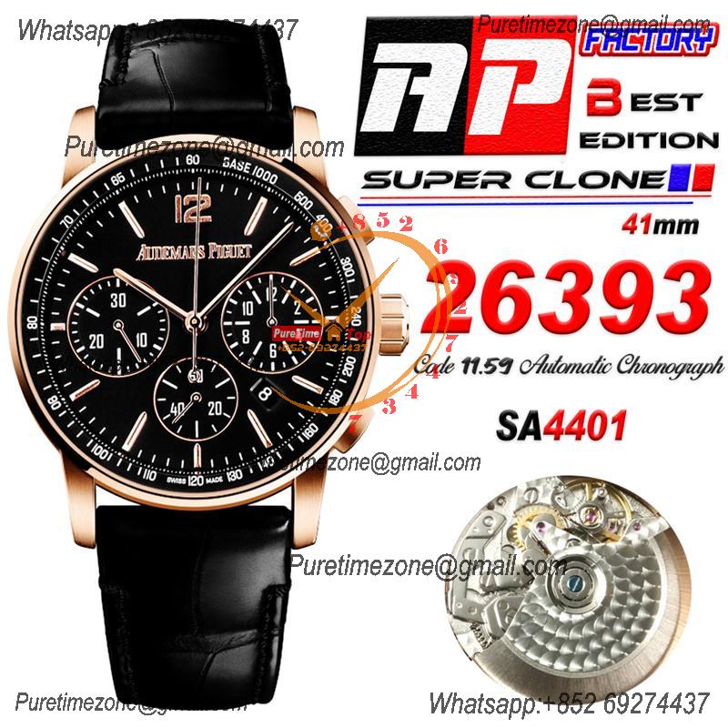 Code 11.59 26393 A4401 Automatic Chronograph Mens Watch APF Best Edition 41 RG Black Dial Leather Strap CHS