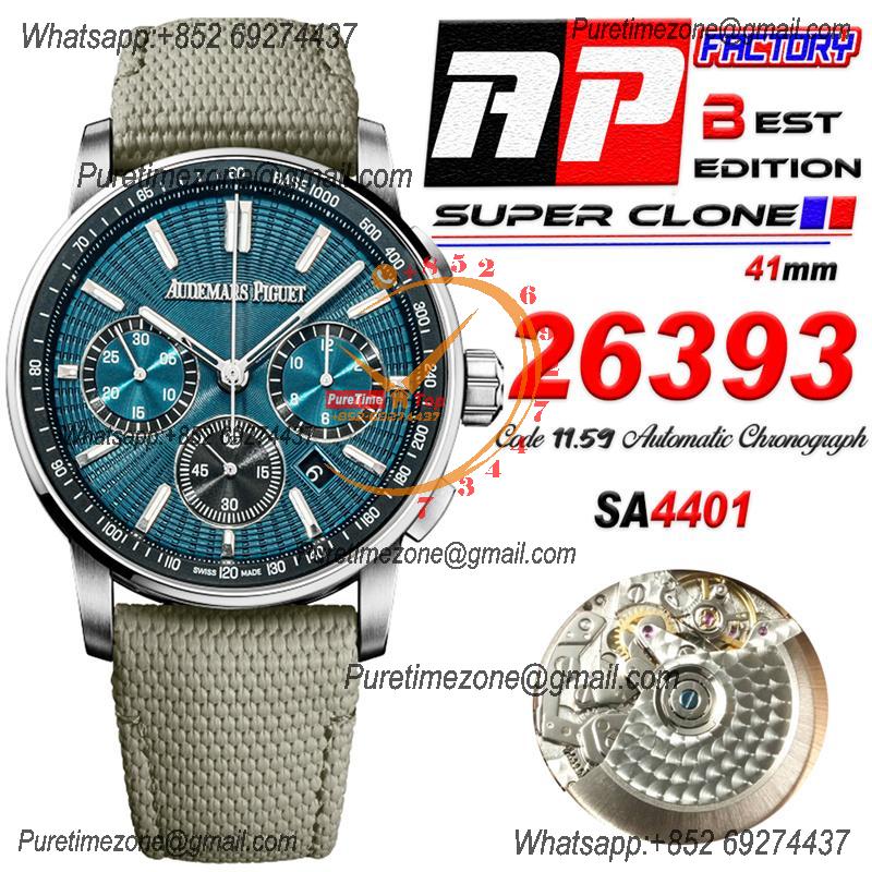 Code 11.59 26393 A4401 Automatic Chronograph Mens Watch APF Best Edition 41 Green Dial Gray Nylon Strap CHS