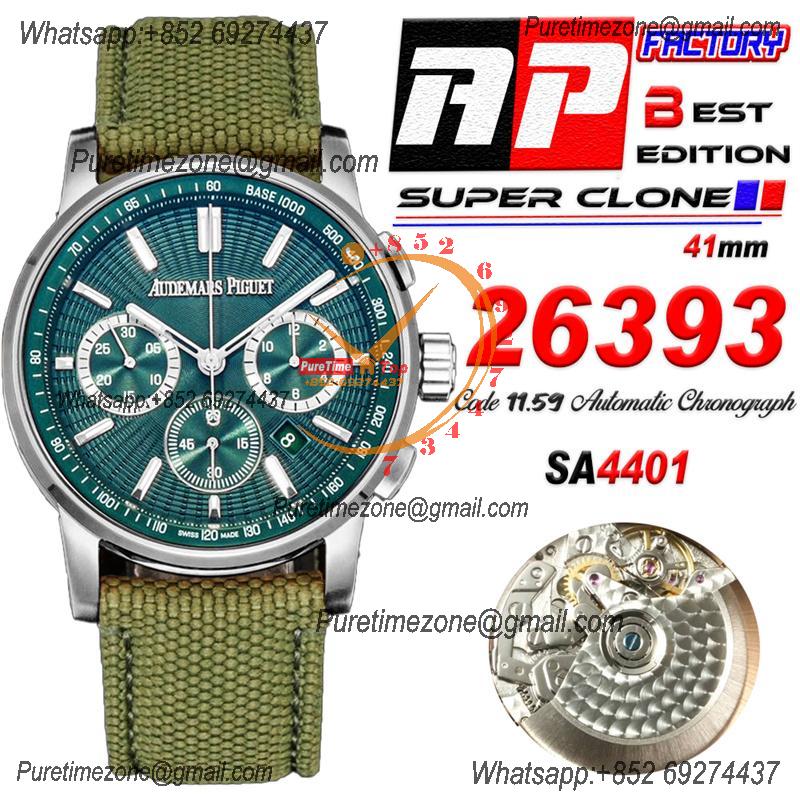 Code 11.59 26393 A4401 Automatic Chronograph Mens Watch APF Best Edition 41 Green Dial Nylon Strap CHS