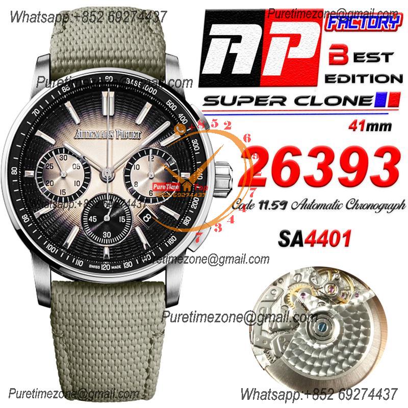 Code 11.59 26393 A4401 Automatic Chronograph Mens Watch APF Best Edition 41 Black Gray Dial Nylon Strap CHS