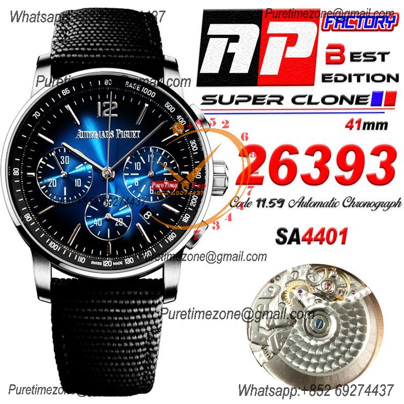 Code 11.59 26393 A4401 Automatic Chronograph Mens Watch APF Best Edition 41 Black Blue Dial Nylon Strap CHS