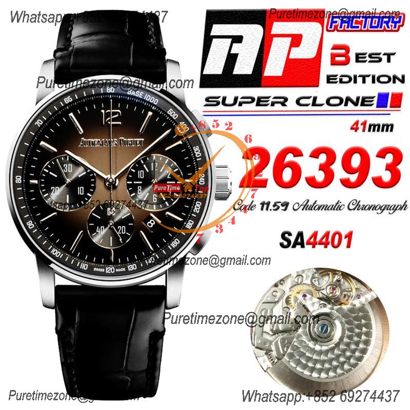 Code 11.59 26393 A4401 Automatic Chronograph Mens Watch APF Best Edition 41 Black Brown Dial Leather Strap CHS