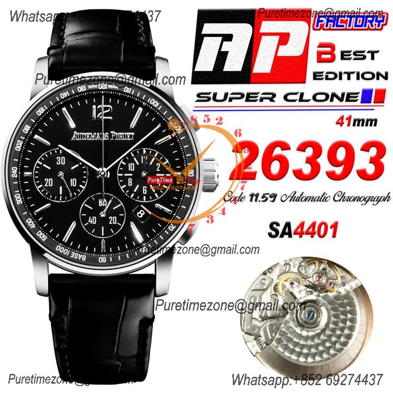 Code 11.59 26393 A4401 Automatic Chronograph Mens Watch APF Best Edition 41 Black Dial Leather Strap CHS