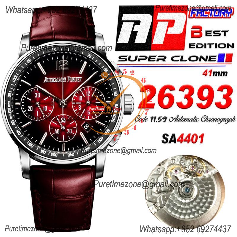 Code 11.59 26393 A4401 Automatic Chronograph Mens Watch APF Best Edition 41 Black Red Dial Leather Strap CHS