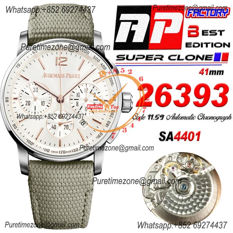 Code 11.59 26393 A4401 Automatic Chronograph Mens Watch APF Best Edition 41 Silver Dial Nylon Strap CHS