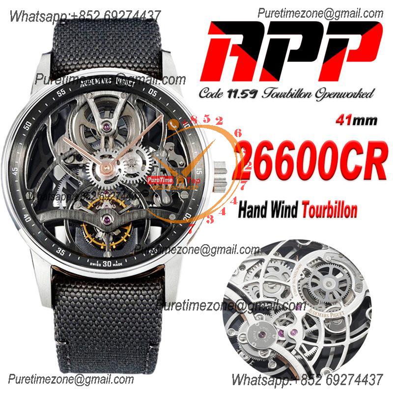 Code 11.59 26600 Tourbillon Automatic Mens Watch APPF Best Edition Black Skeleton Dial Gray Nylon Strap CHS