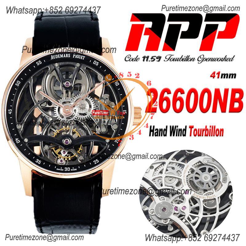 Code 11.59 26600 Tourbillon Automatic Mens Watch APPF Best Edition RG Black Skeleton Dial Black Leather Strap CHS