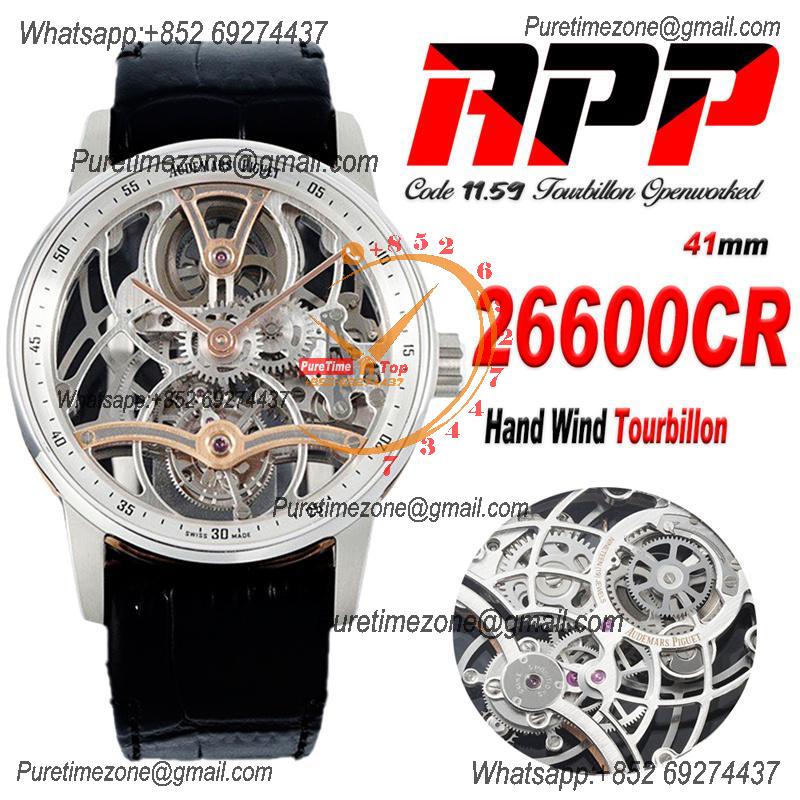 Code 11.59 26600 Tourbillon Automatic Mens Watch APPF Best Edition Whtie Inner Skeleton Dial Black Leather Strap CHS