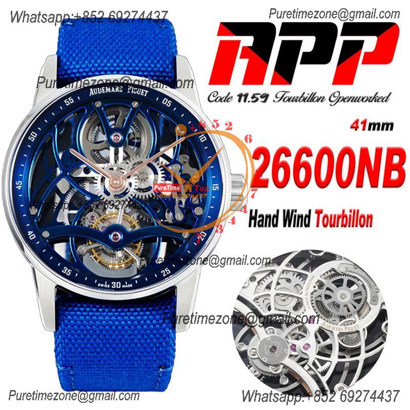 Code 11.59 26600 Tourbillon Automatic Mens Watch APPF Best Edition Black Skeleton Dial Blue Leather Strap CHS