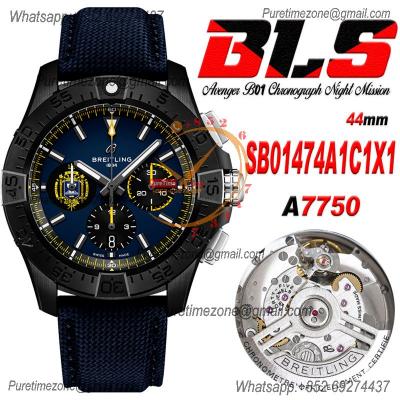 Avenger B01 Chronograph 44 A7750 Automatic Mens Watch SB01474A1C1X1 Best Edition BLSF DLC Black Dial Blue Leather CHS